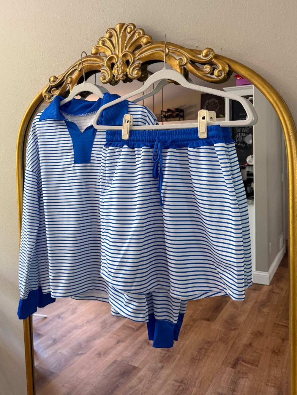Skort Lounge Set for Women 2 Piece Striped Collared Long-Sleeve in Blue | L